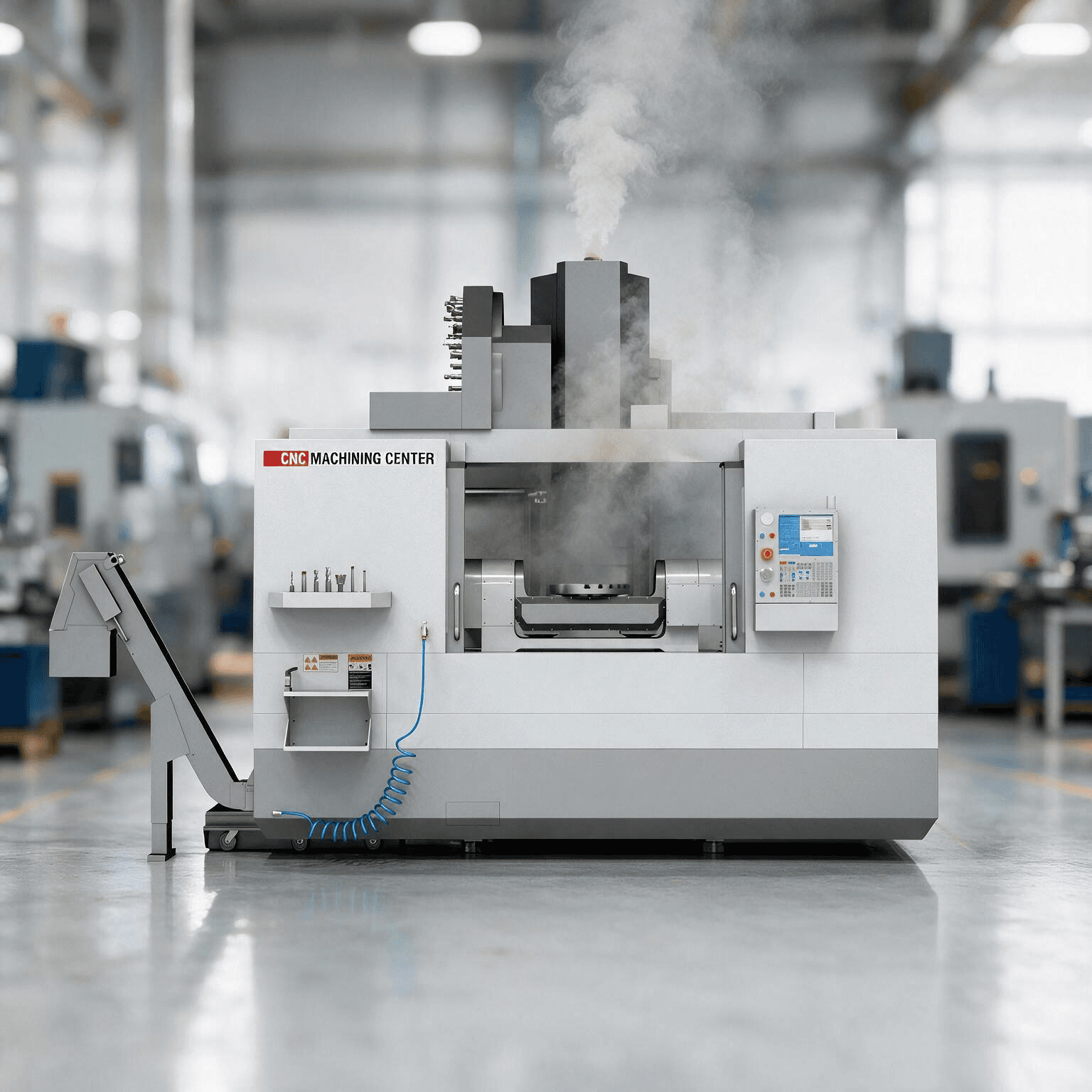 A CNC machining centre on a factory floor with smoke rising from it, stopped mid-production
